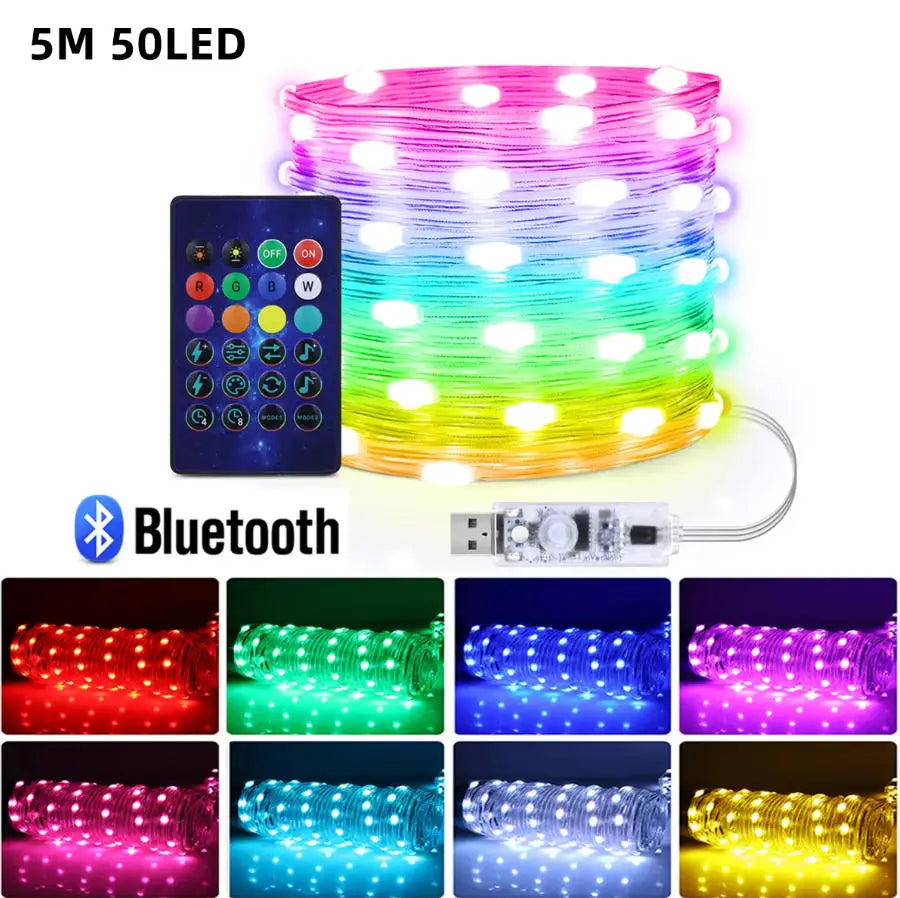 RGB Leather LED Fairy Lights 10M 40M Smart Bluetooth Music Light String IP65 Holiday Garland Decoration