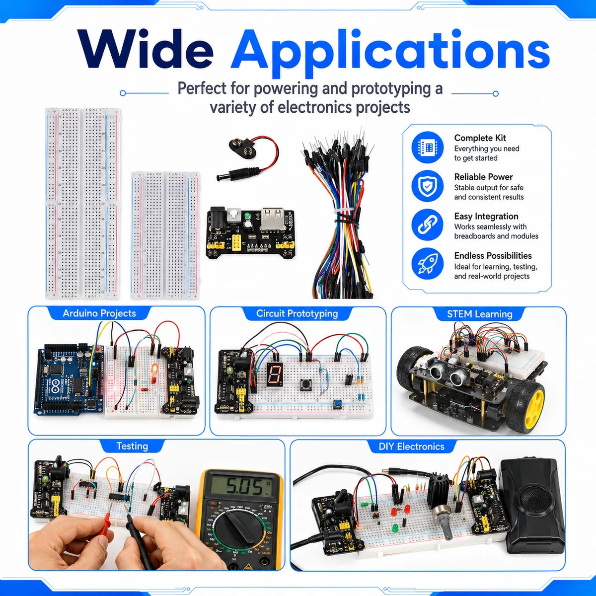 MB102 Breadboard Power Supply Module + MB-102 830/400 Points Solderless Breadboard Kit with 65 Flexible Jumper Wires 3.3V/5V