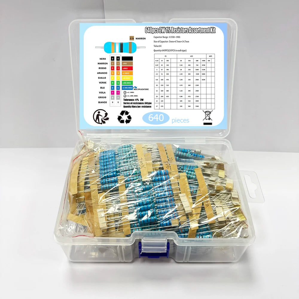 640Pcs 2W 1% 0.33R-1M 64ValuesX10Pcs Metal Film Resistor Kit Set