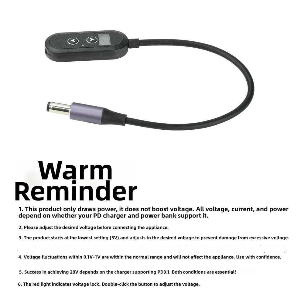 140W PD Trigger Cable Adjustable Voltage 5V-28V Type C To DC 5.5mm With Memory Function Digital Display For Router LED Fan Tool