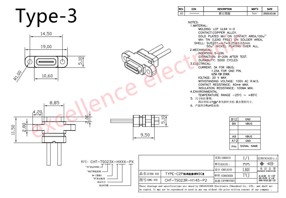 2/5/10pcs USB-C High Current Charging Socket With Rubber Ring 2Pin 4Pin Straight ear Side Ear Type C Waterproof Female Connector