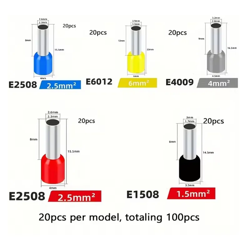 100PCS Electrical Tube Terminals Suit VE Tubular Block Cord End Connectors Cable Wire Connector
