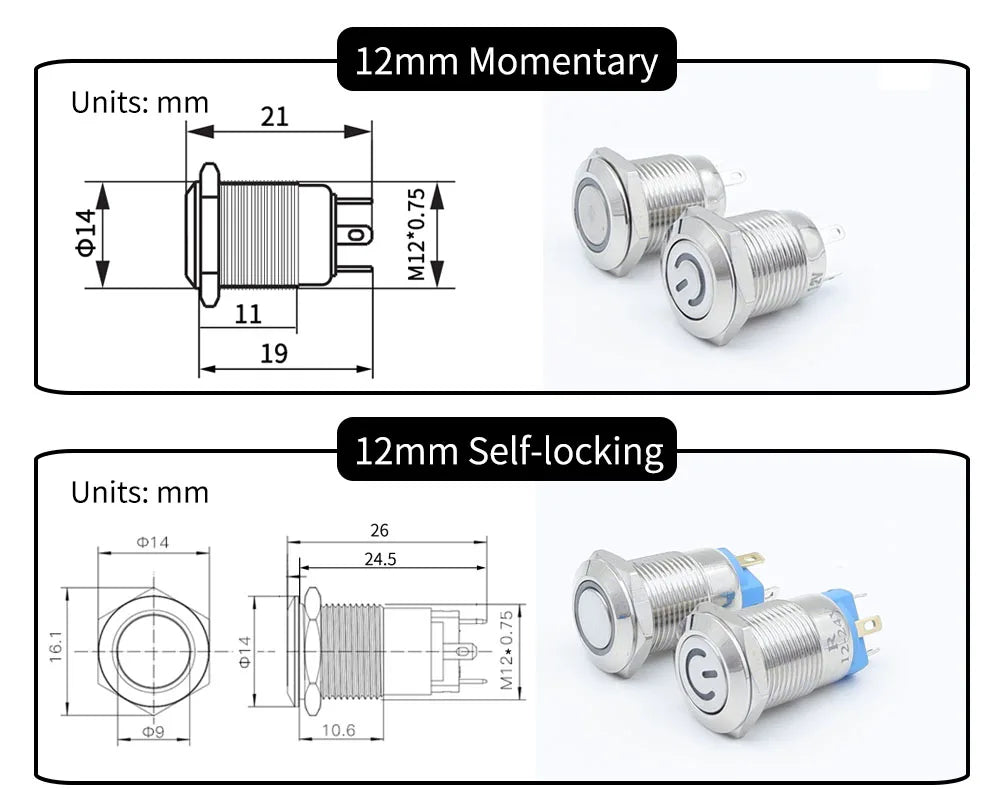 On Off PC Power Metal Waterproof Push Button Switch 12v for Car Ignition Switches Momentary/Latching NC 5V 220V 12 16 19 22 mm
