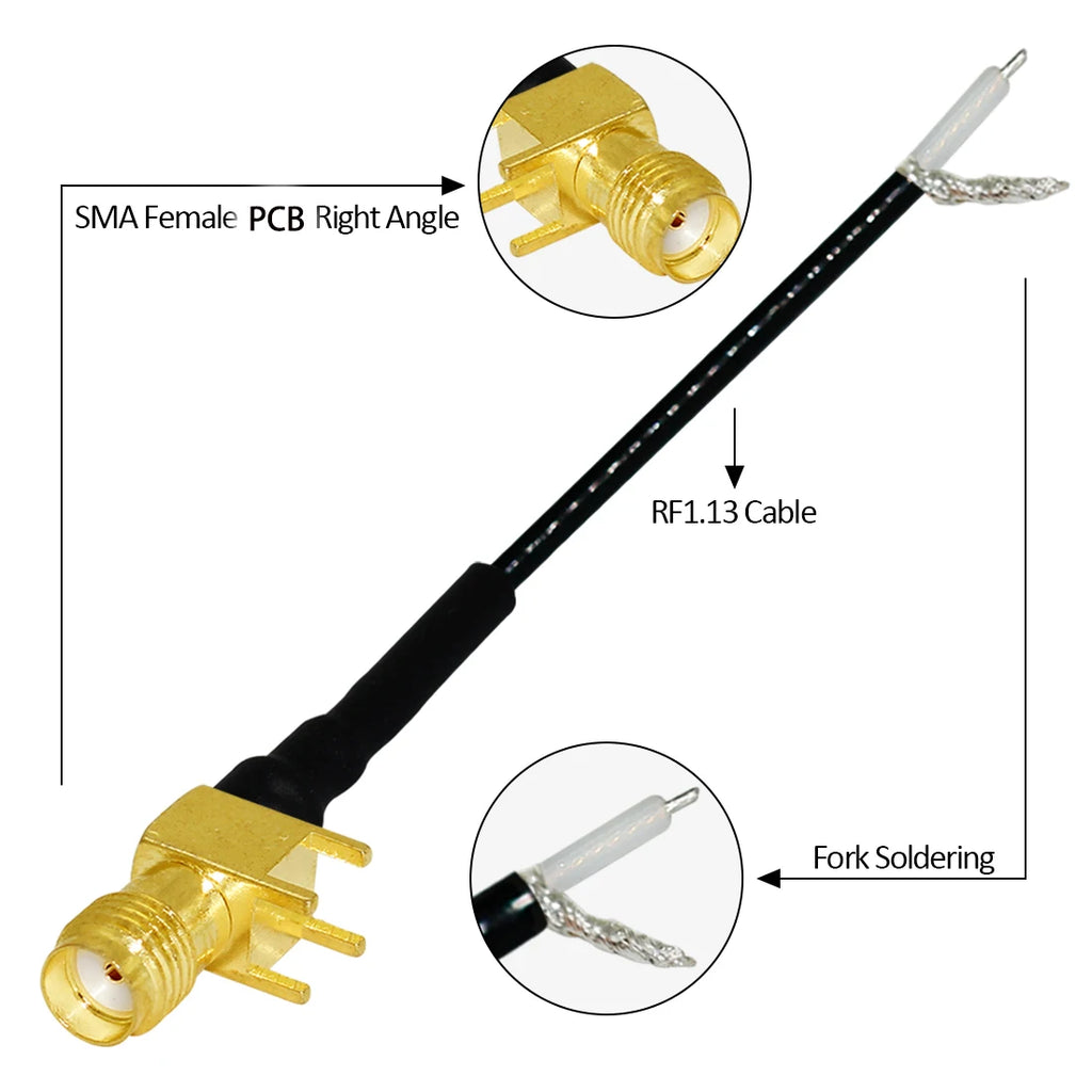 1PC SMA Female Jack Right Angle PCB Connector 1.13mm Cable Other End UFL/ No Connector/Exposed/Fork Soldering 15cm Customized