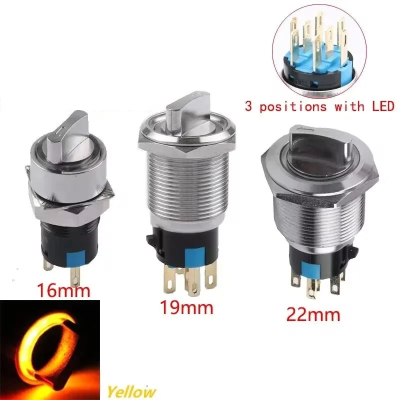 16/19/22mm, Metal Rotary Switch, Selected Toggle Switch With LED 12-24V, 2 Positions / 3 Position Waterproof