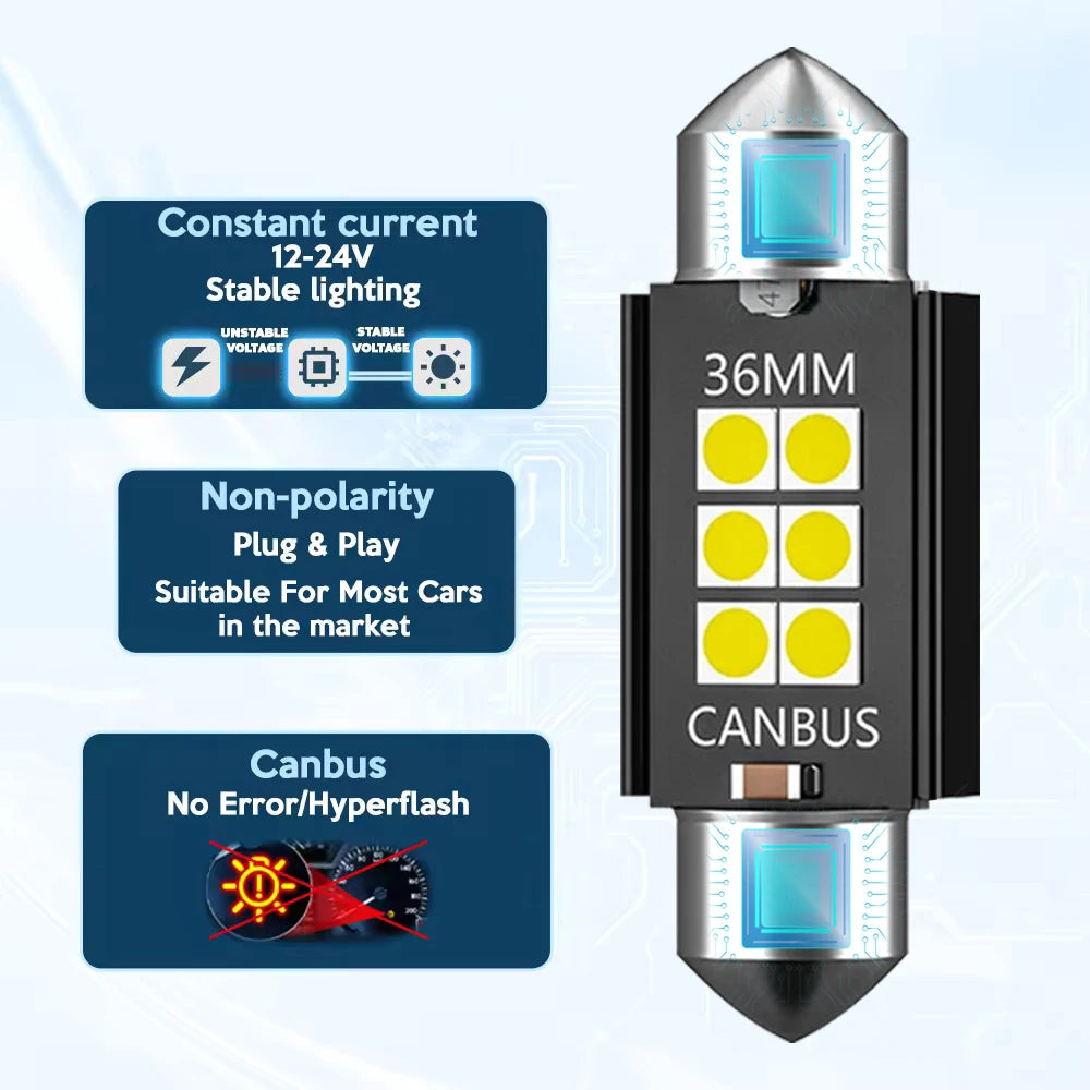 2/4/10/20 PCS C5W LED Bulb Canbus Festoon 31/36/39/41MM 12V 3030-6SMD 6500K White Car Interior Dome Reading License Plate Lights