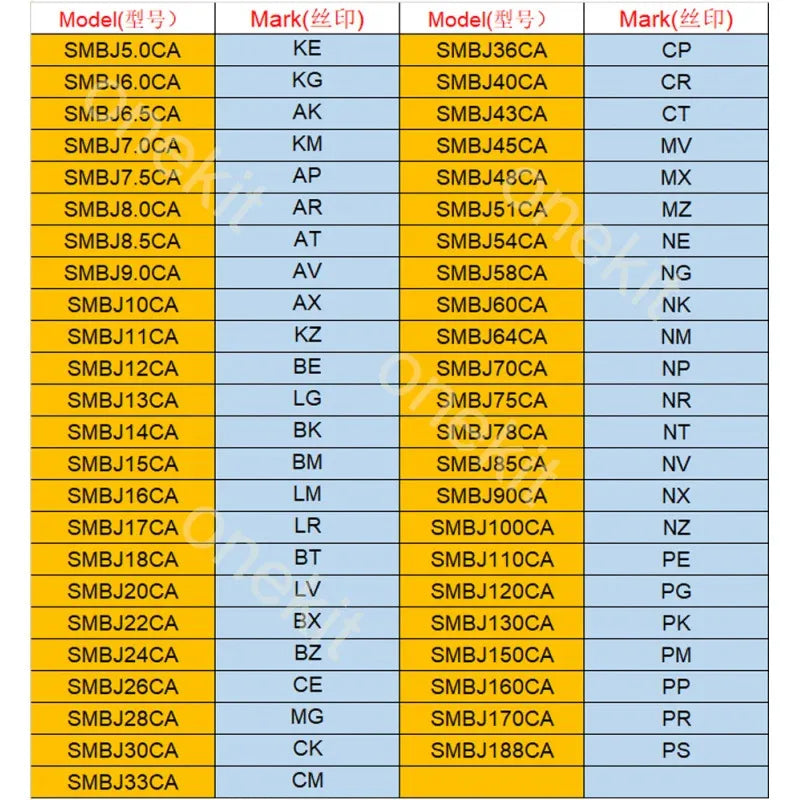 50pcs SMD TWO Way TVS Diode SMBJ5.0CA - SMBJ188CA