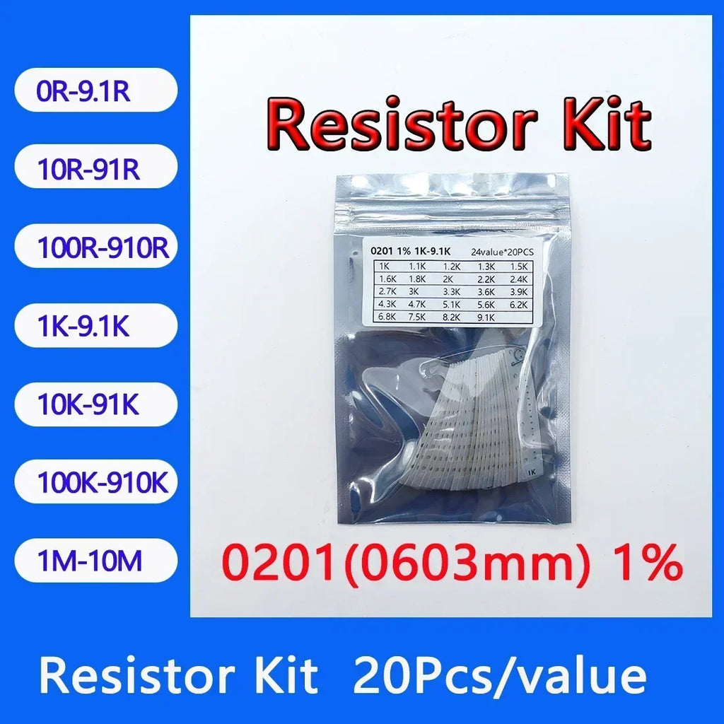 Resistor Kit 0201 0402 0603 0805 1206 1210 1812 2010 2512 SMD Resistor Package 24values*20PCS=480PCS 1% Sample Kit Resistor