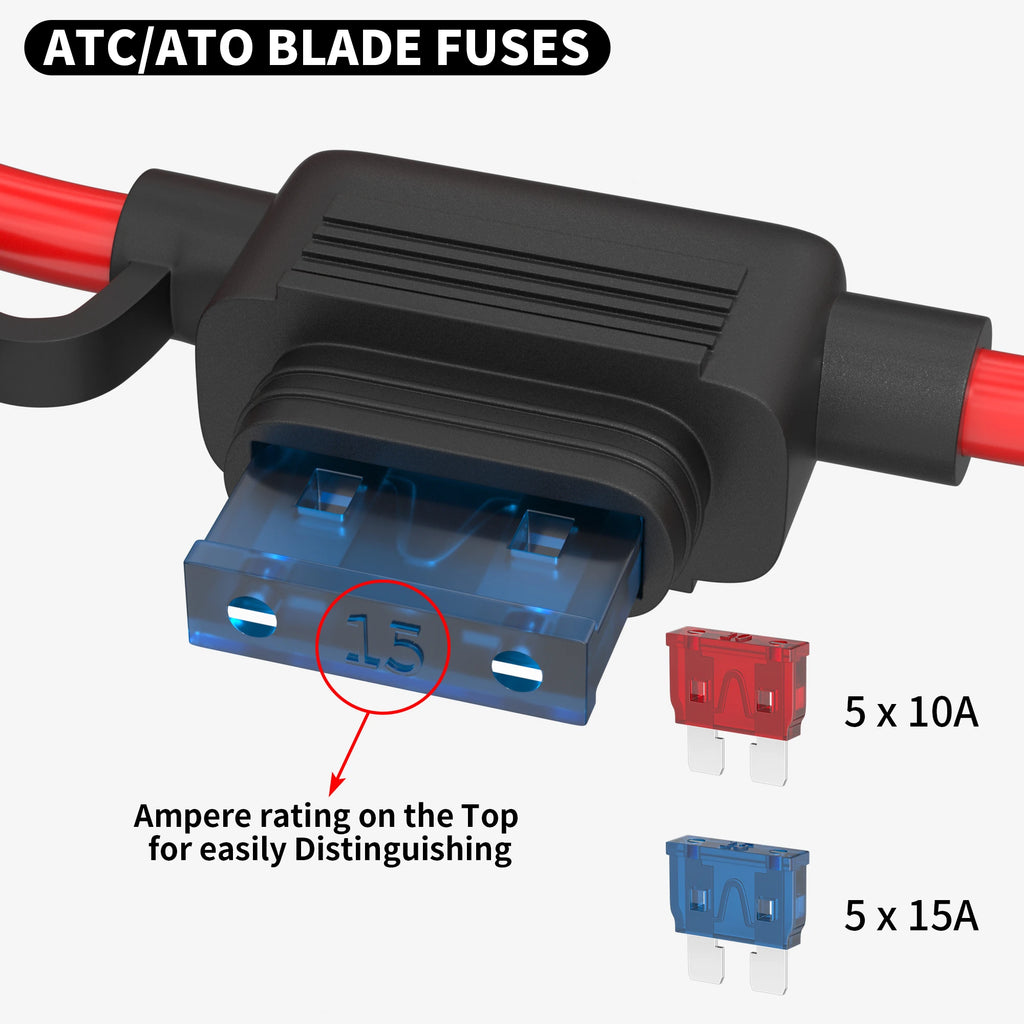 DaierTek 5/15set 18 Gauge Fuse Holder 12V for ATC/ATO Blade Fuse - Inline Fuse Holder with 18 AWG Wires & 10A/15A Fuses for Car