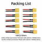 5Pairs XT60 Male Female Connector with 50mm 14AWG Silicone Wire Cable for RC Drone Quadcopter Car Boat Lipo Battery ESC