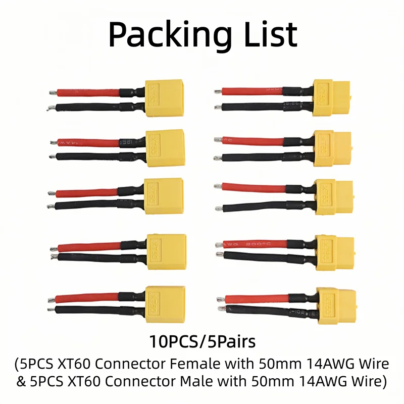 5Pairs XT60 Male Female Connector with 50mm 14AWG Silicone Wire Cable for RC Drone Quadcopter Car Boat Lipo Battery ESC