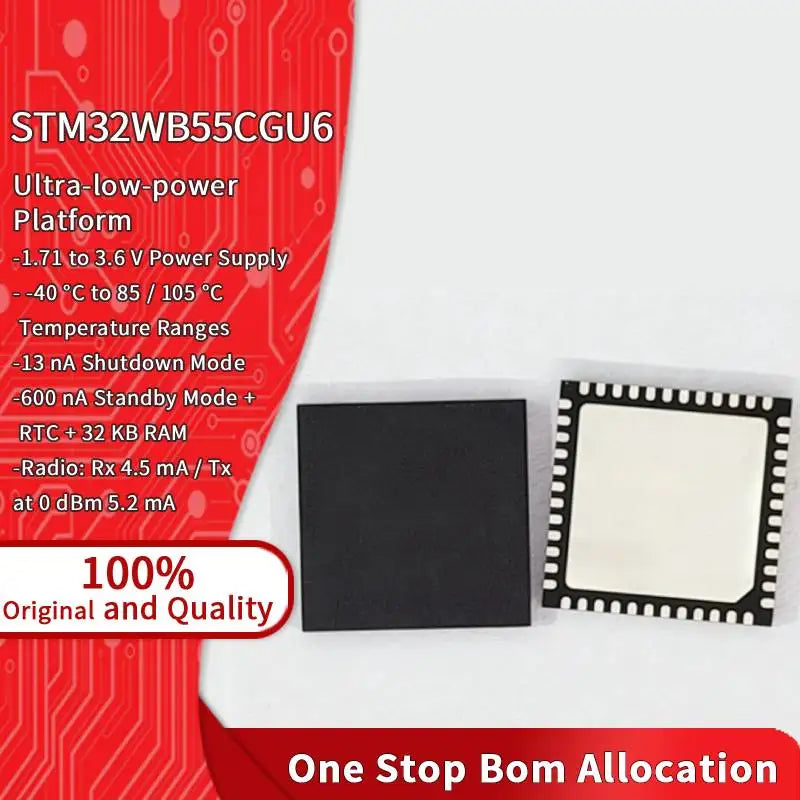 STM32WB55CGU6 STM32WB55 BLE 5.0 MCU ARM Cortex-M4 Dual Core Microcontroller UFQFPN-48 1MB Flash 256KB RAM Original Low Power IC