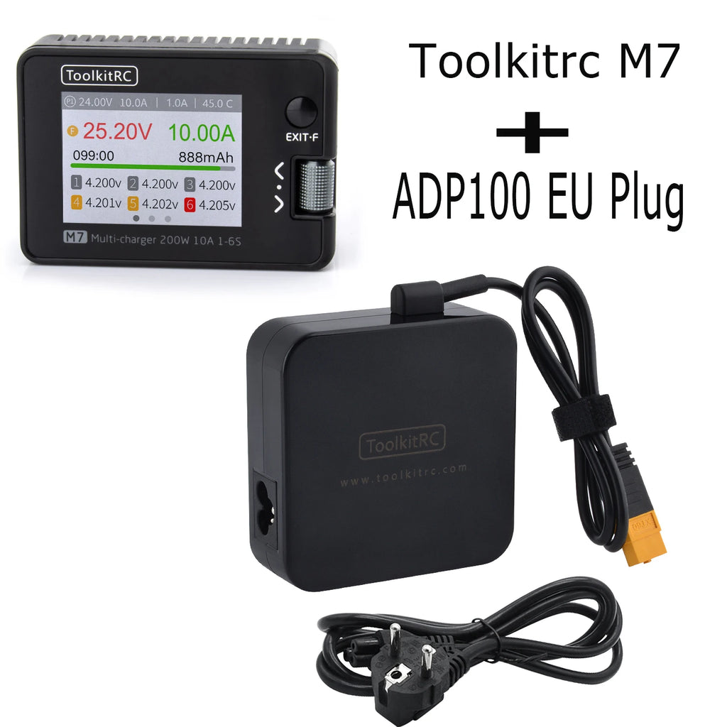 ToolkitRC M7 200W 10A Balance Charger Discharger With ADP100 for 1-6S Lipo Battery Voltage Servo Checker Receiver Signal Test