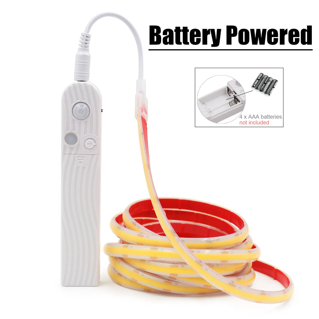 Waterproof Motion Sensor COB Light Battery USB Powered Led Strip IP68 5V Auto ON/OFF Cabinet Kitchen Staircase Liner Lighting