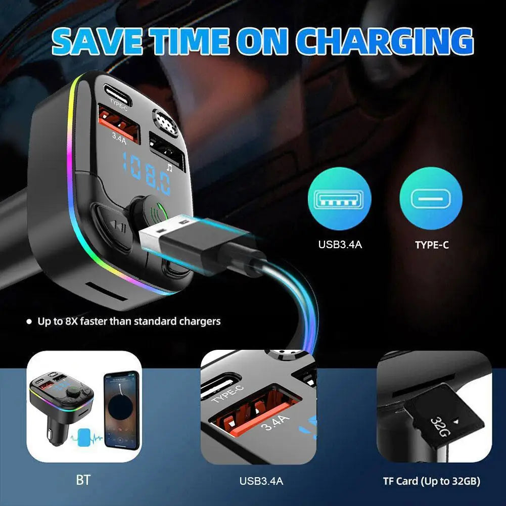 Car Bluetooth 5.0 FM Transmitter Type-C Dual USB Ambient Player Handsfree MP3 Type-C Wireless Light PD QC3.0 Car Charger Adapter