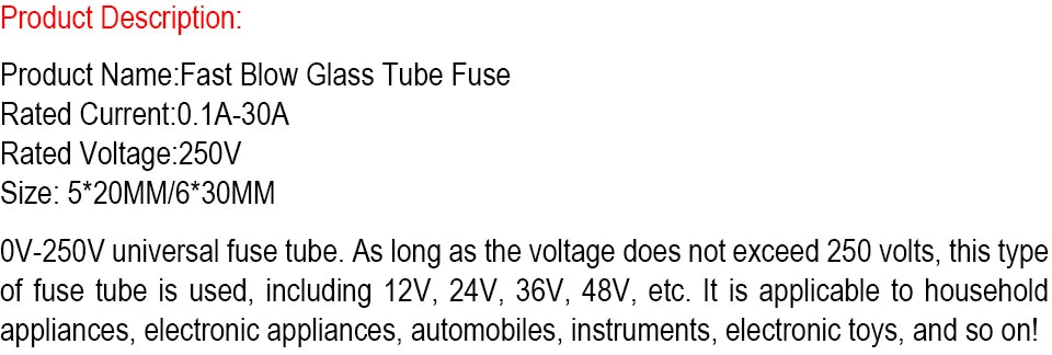 10PCS 5*20/6*30MM Fast Blow Glass Tube Fuse F0.1A 0.2A 0.5A 1A 1.5A 2A 2.5A 3.15A 4A 5A 6.3A 7A 8A 10A 12A 15A 20A 25A 30A 250V