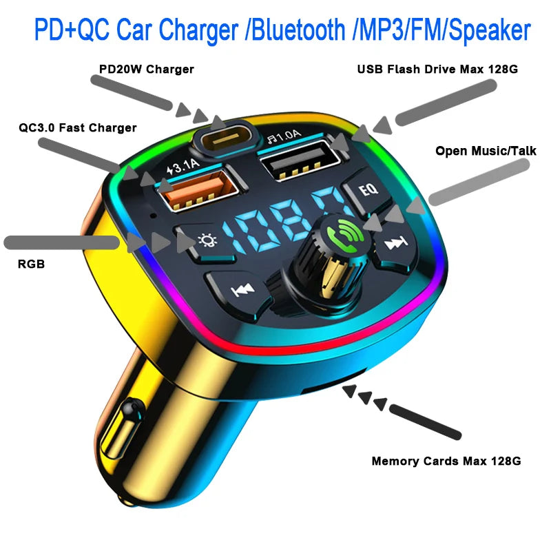 General Car Charger Bluetooth 5.0 FM Transmitter Handsfree PD Type-C Dual USB Ambient Player MP3 Charger Type-C Wireless Light