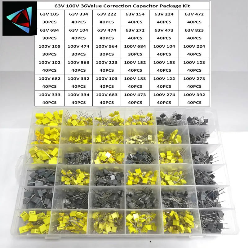 63V 100V 36 Value Correction Capacitor Package Kit Polypropylene Safety Plastic Film 105-823 Set Free