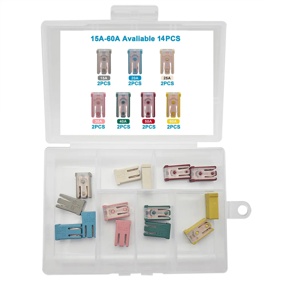 10/14/16/28Pcs MCASE Fuse 15A 20A 25A 30A 40A 50A 60A 32V Mini Slotted Automotive Shaped Cartridge Kit With Plastic Shell Box