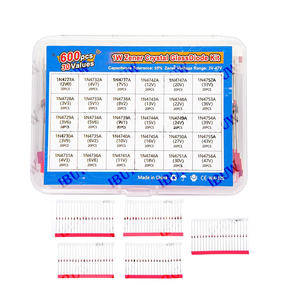 600PCS 30Values 1W Zener Diode Kit 3V-47V Box for Electronics Voltage Regulation KIT each 20pcs 1N4727A 1N4742A 1N4751A