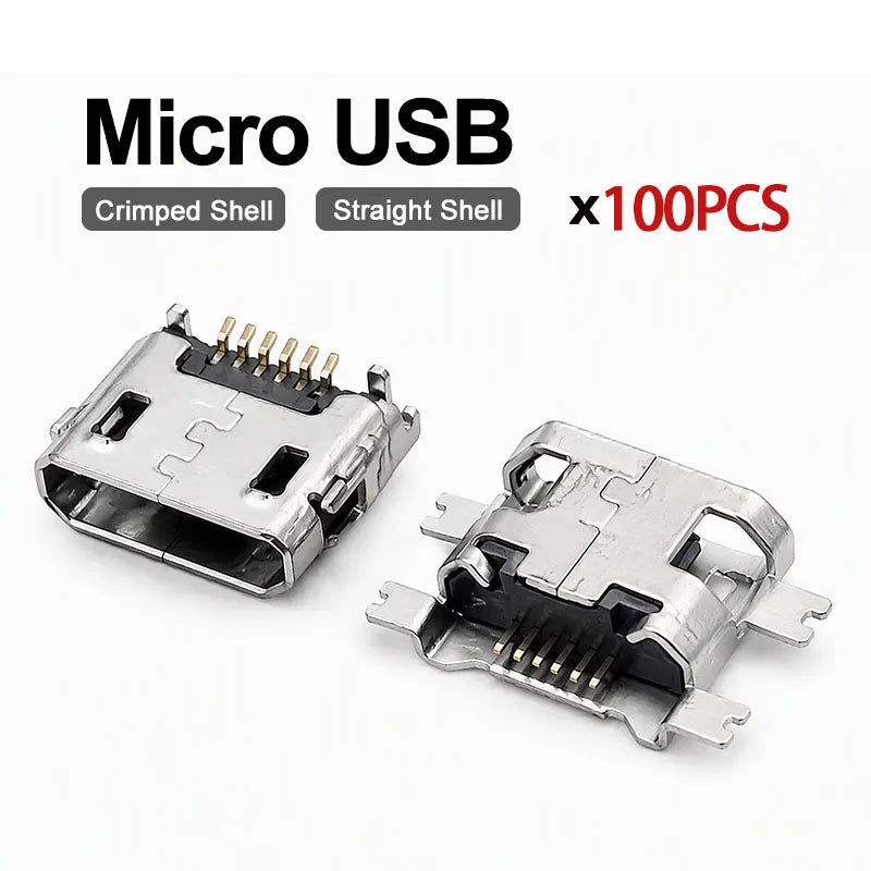 100/1000PCS Micro USB Android Female Charging Socket, Flat Edge Crimped Type, 5Pin, 4 Mounting Pins, SMD & DIP Tail Connector
