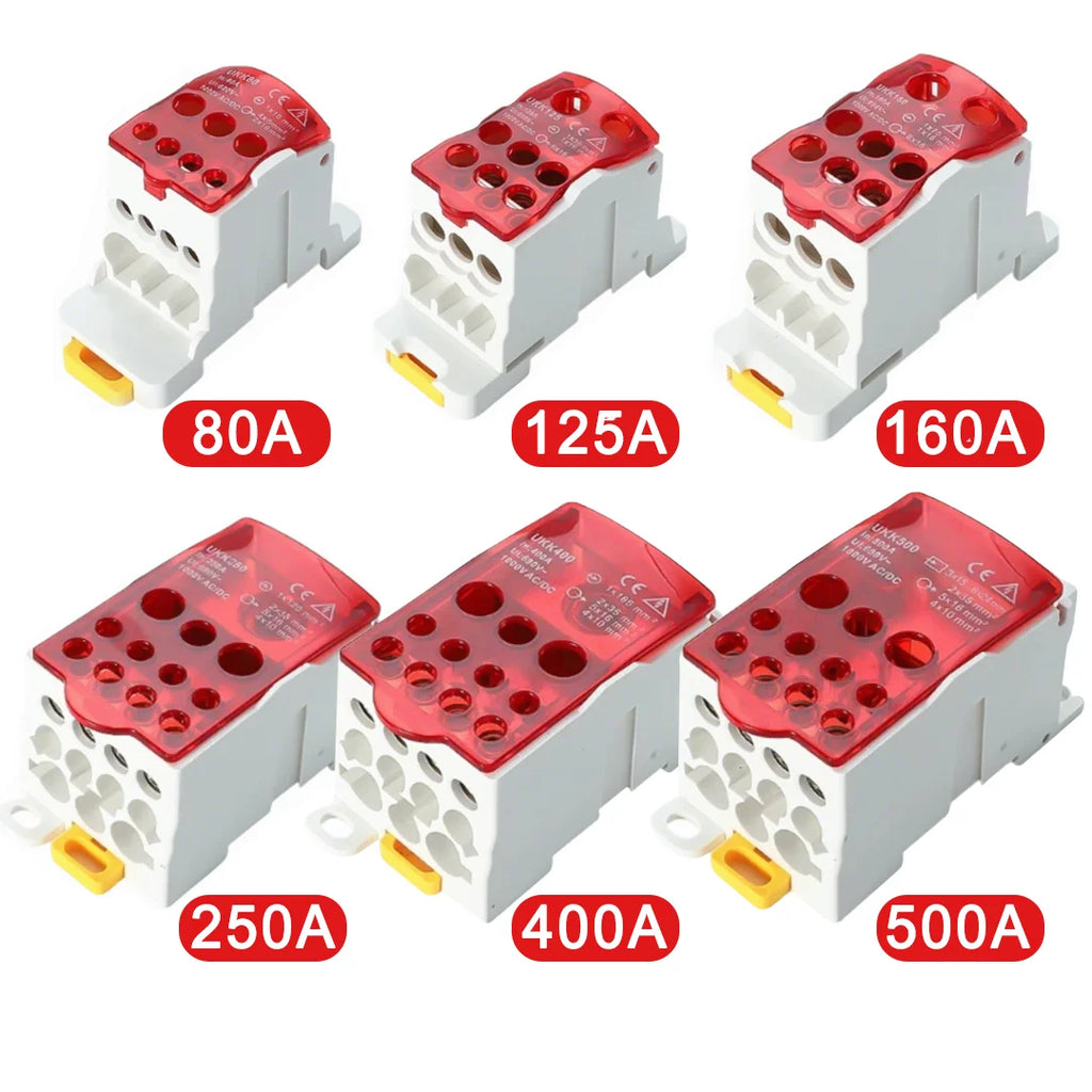 UKK 80A-500A High Current DIN Rail Power Distribution Block One Input Multiple Output Electrical Terminal Connector ```