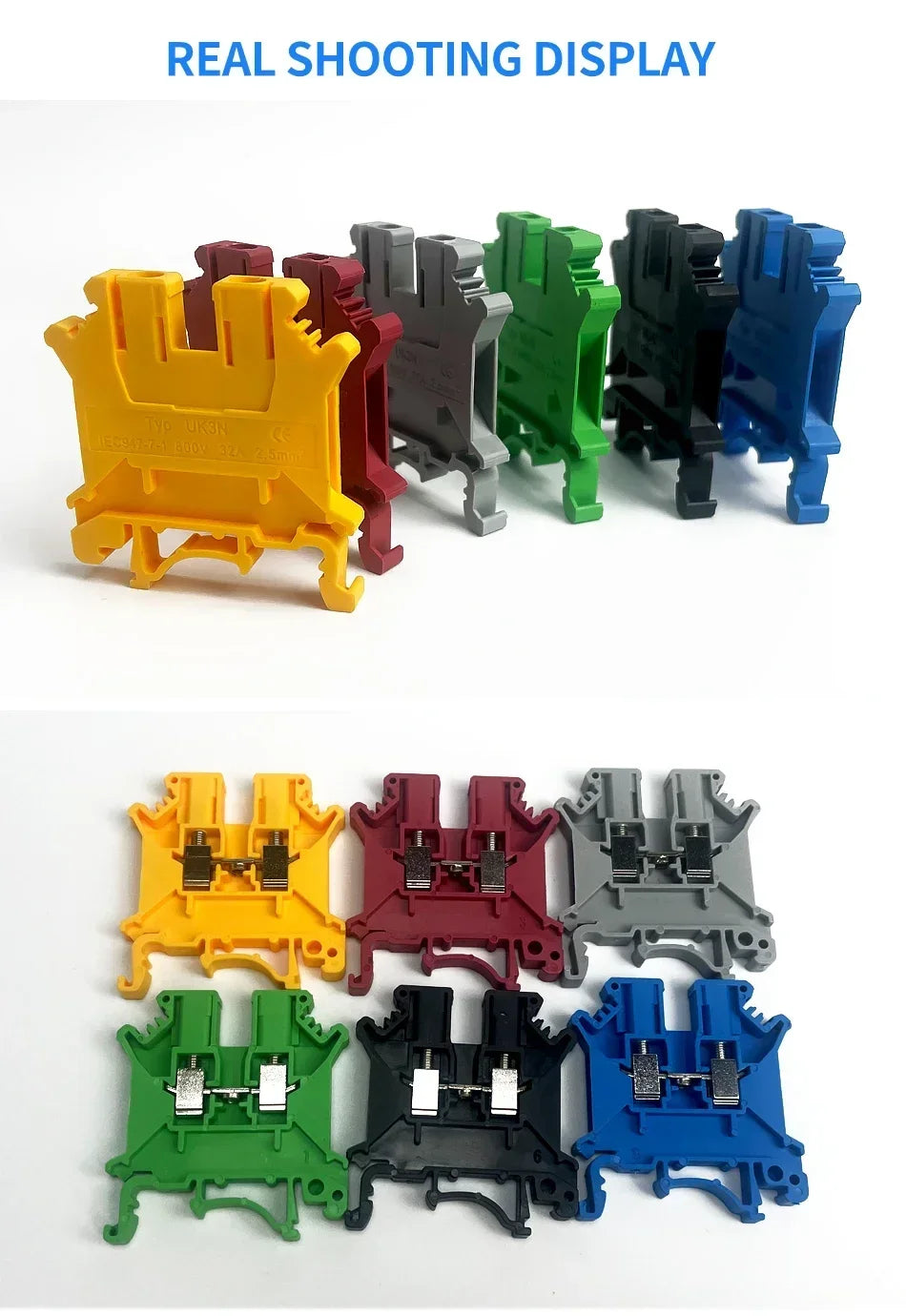 10PCS UK2.5B 2.5mm² DIN Rail Terminal Blocks Screw Connection Feed Through Wire Connector Gray Red Blue Green Black Yellow Set