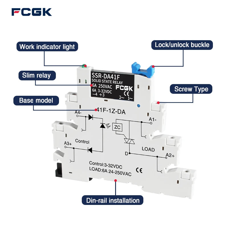 FCGK DC Control AC 6A Slim Interface Solid State Relay Module DIN SSR Slim Relay DC Control DC 41F-1Z-C2 SSR Relay DIN Rail