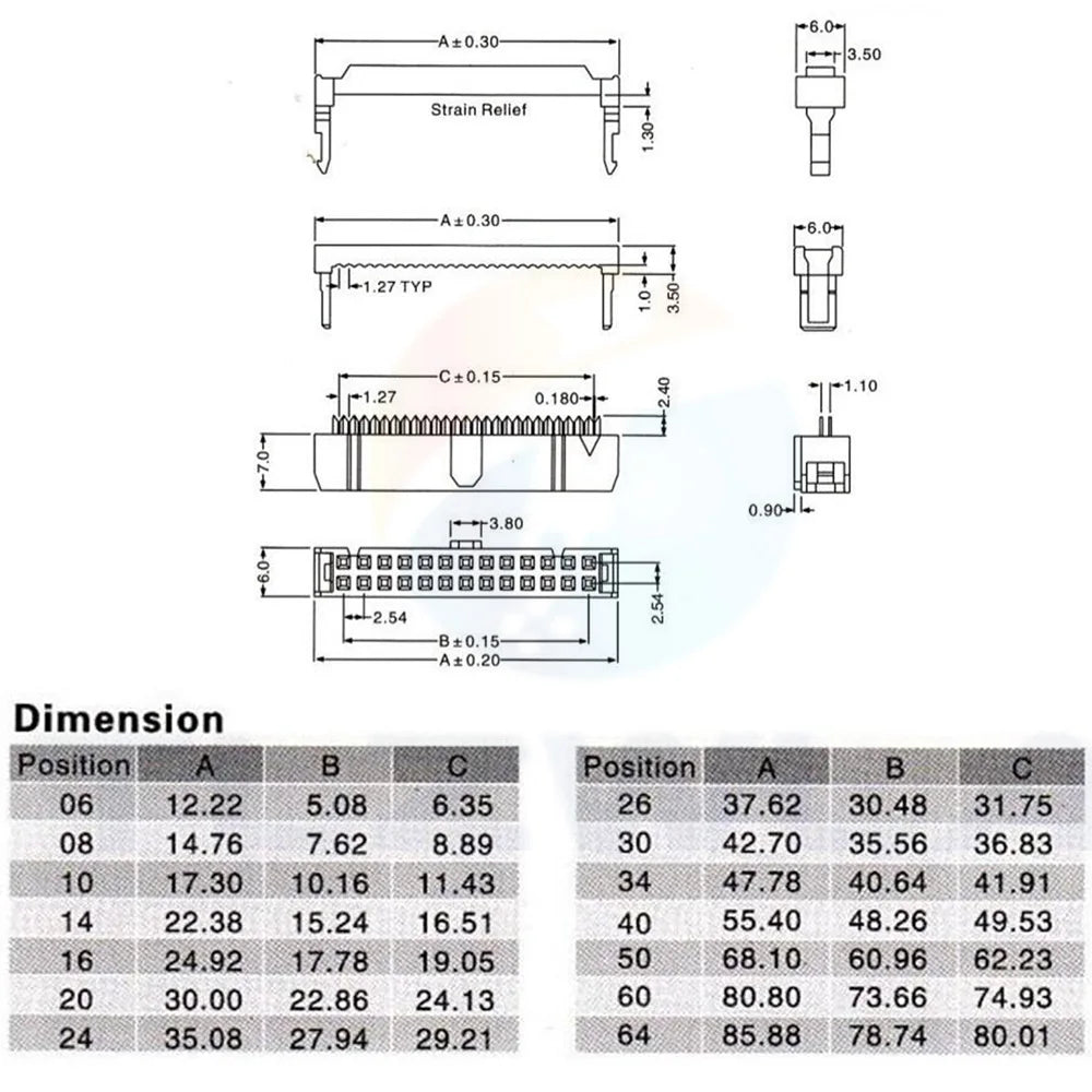 10PCS 2.54MM Pitch 6 Position 8 10 12 14 16 18 20 24 26 30 34 40 Pin Female IDC Socket IDC Connector Ribbon Cable