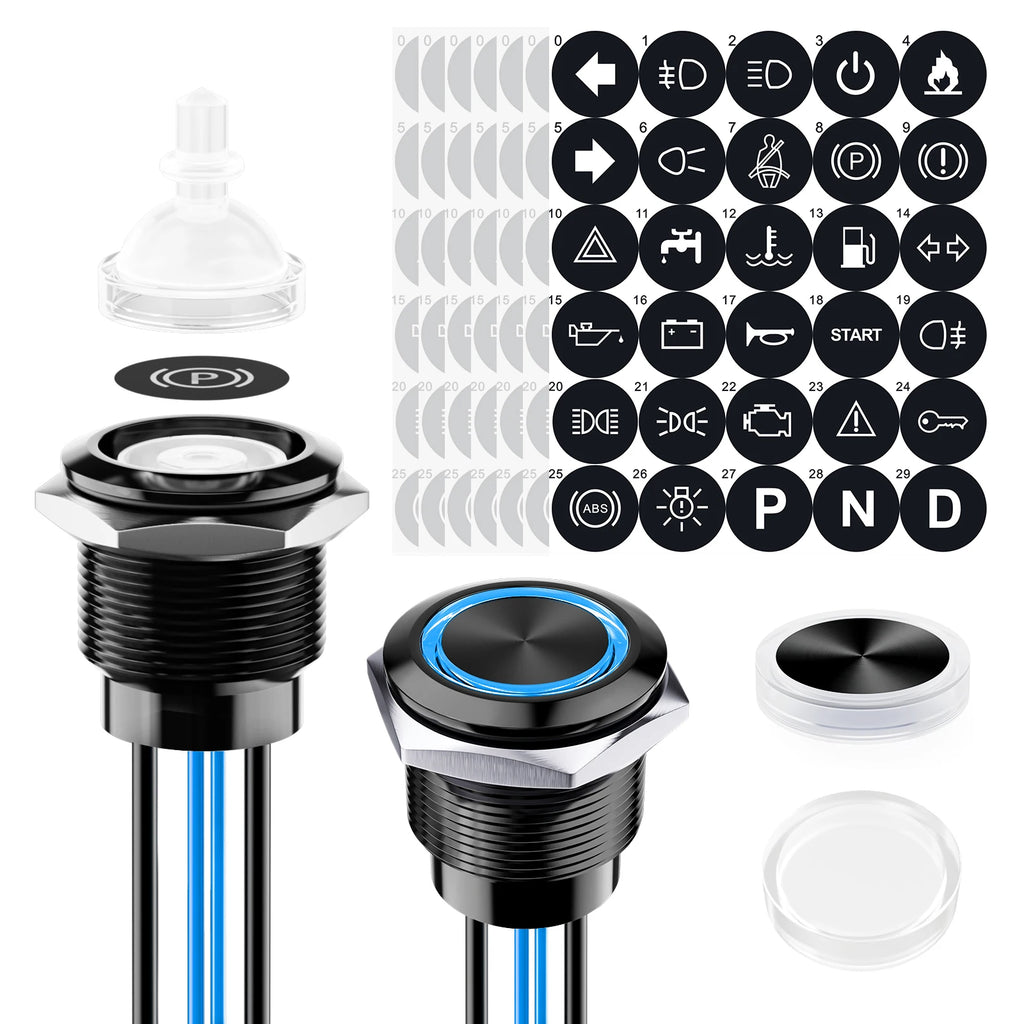 FILN 2Pcs 22mm Symbol Push Button Switch 20A IP67 Waterproof Latching Momentary Marine Switches 185 Replacement Symbols 5V-24V
