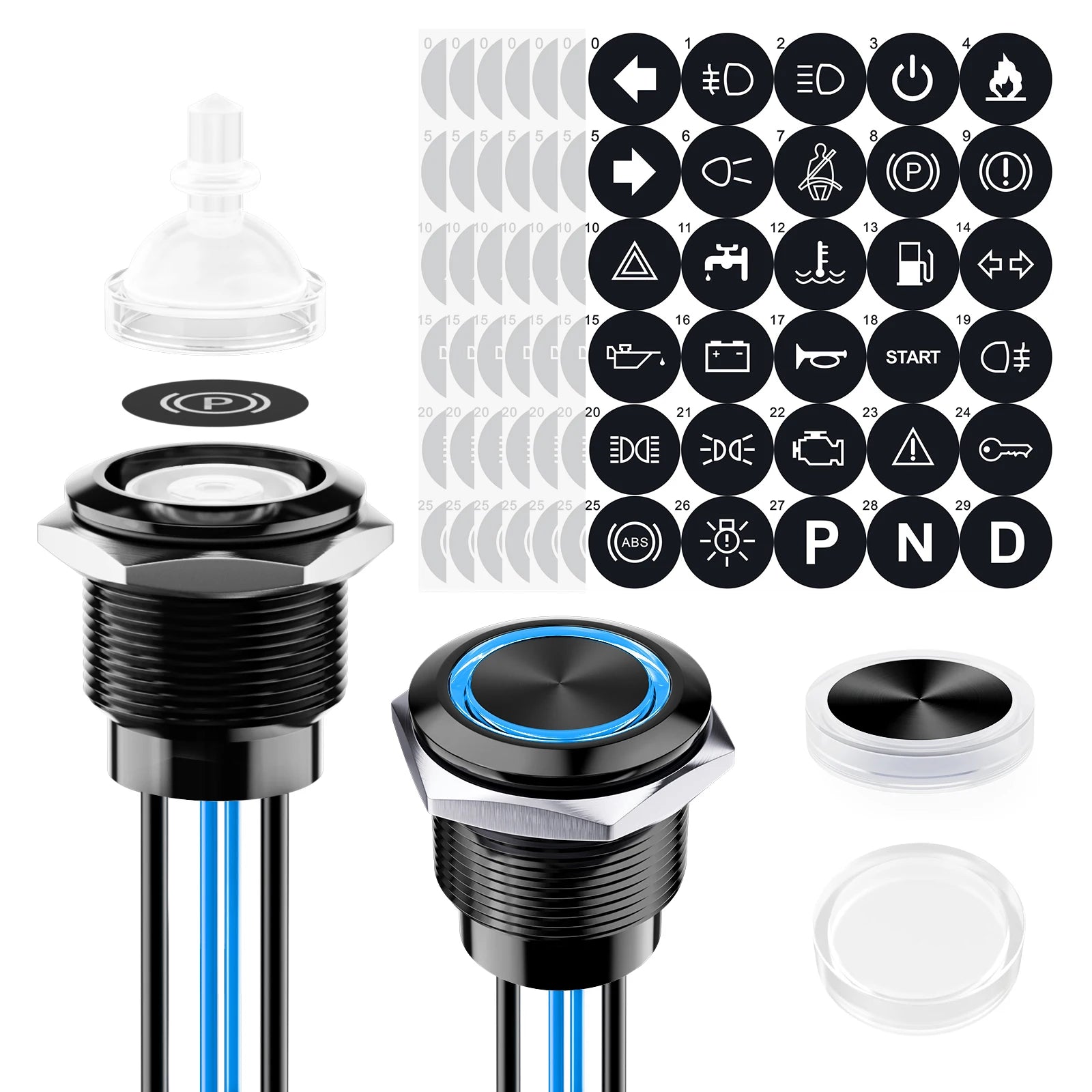 FILN 2Pcs 22mm Symbol Push Button Switch 20A IP67 Waterproof Latching Momentary Marine Switches 185 Replacement Symbols 5V-24V