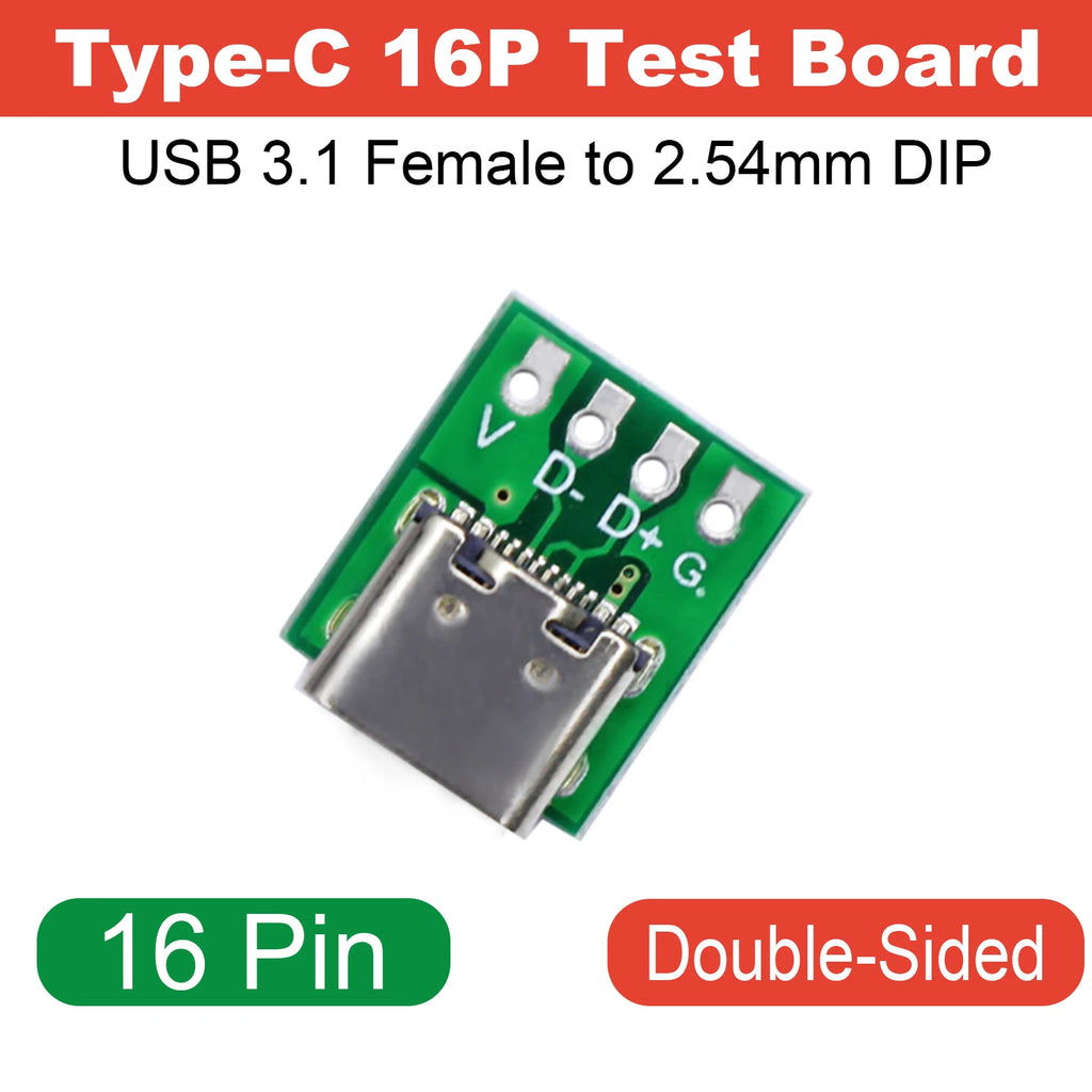 USB 3.1 Type-C 16-Pin Test Breakout Board Full Pinout Adapter Socket for Diagnosis & Data Cable Prototyping