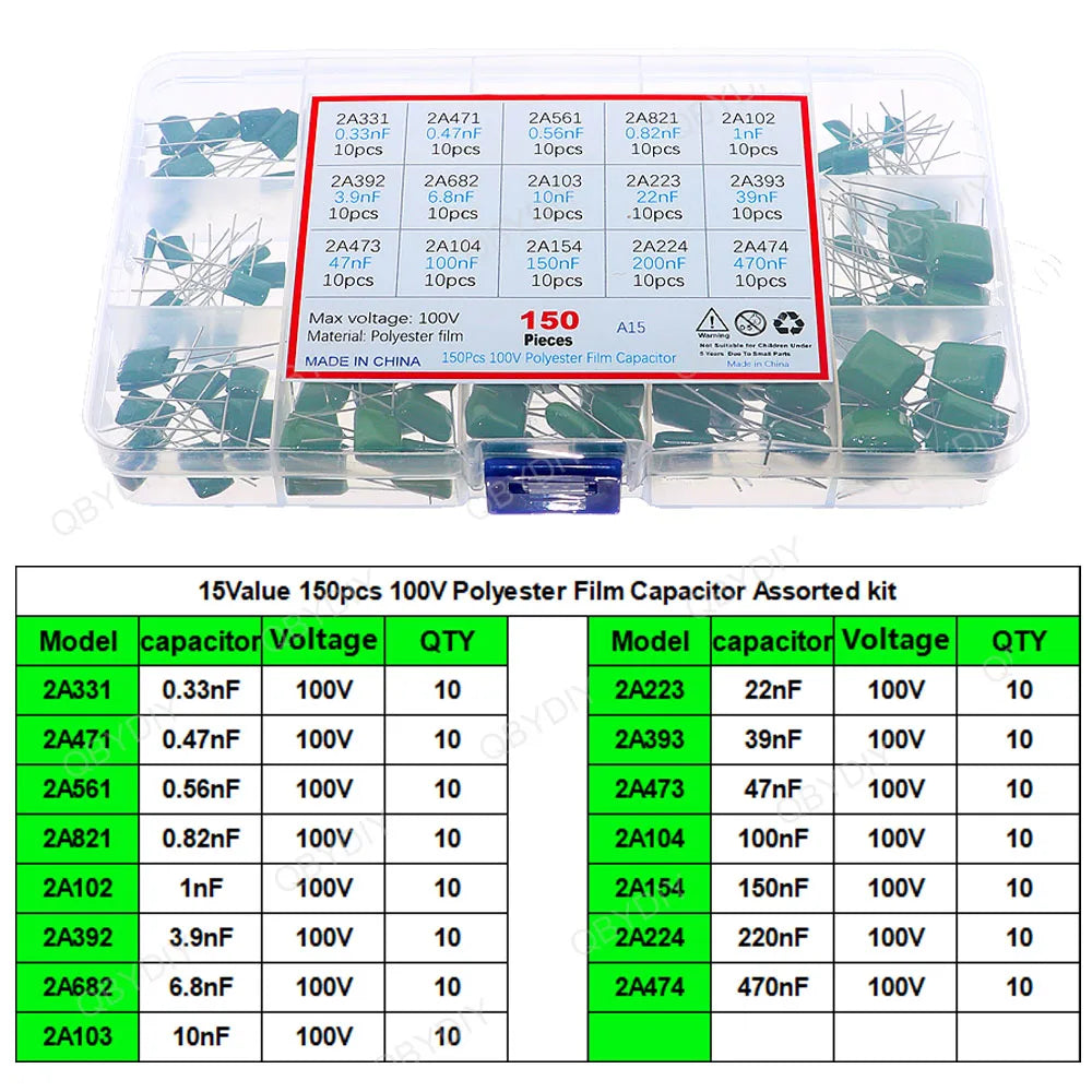 100V-630V Polyester Film Capacitor Assorted kit 2A221 3A471 2A681 2A102 2A222 2A392 2A472 2A682 2A103 2A223 2A333 2A224 2A474