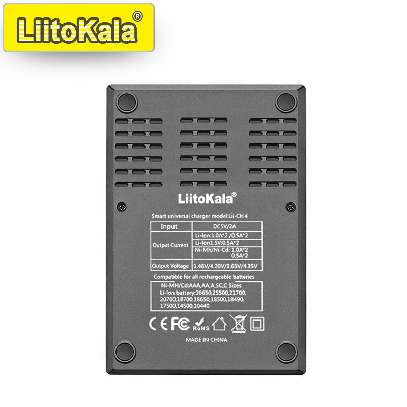 LiitoKala Lii-CH4 Smart Charger for 18650/21700/26650/AA/AAA/Ni-MH/Li-ion,1.2V/1.5V 4-Slot Fast Charge, USB-C, Auto Detect
