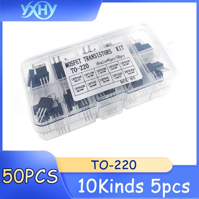 50PCS TO-220 Series MOSFET IRFZ44N IRF640N IRF540N IRF3205, 10 types, 5 of each.