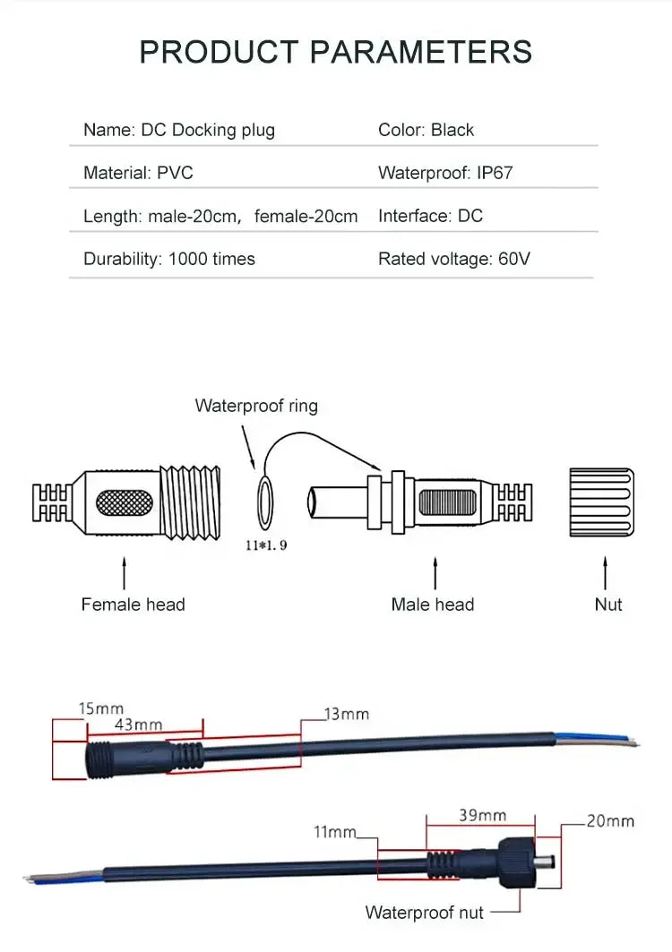 12V DC Power Plug 55*21mm 2Pin Waterproof Connector Male Female Terminal Butt Joint Monitoring Line 1-5M Extension Cord IP67