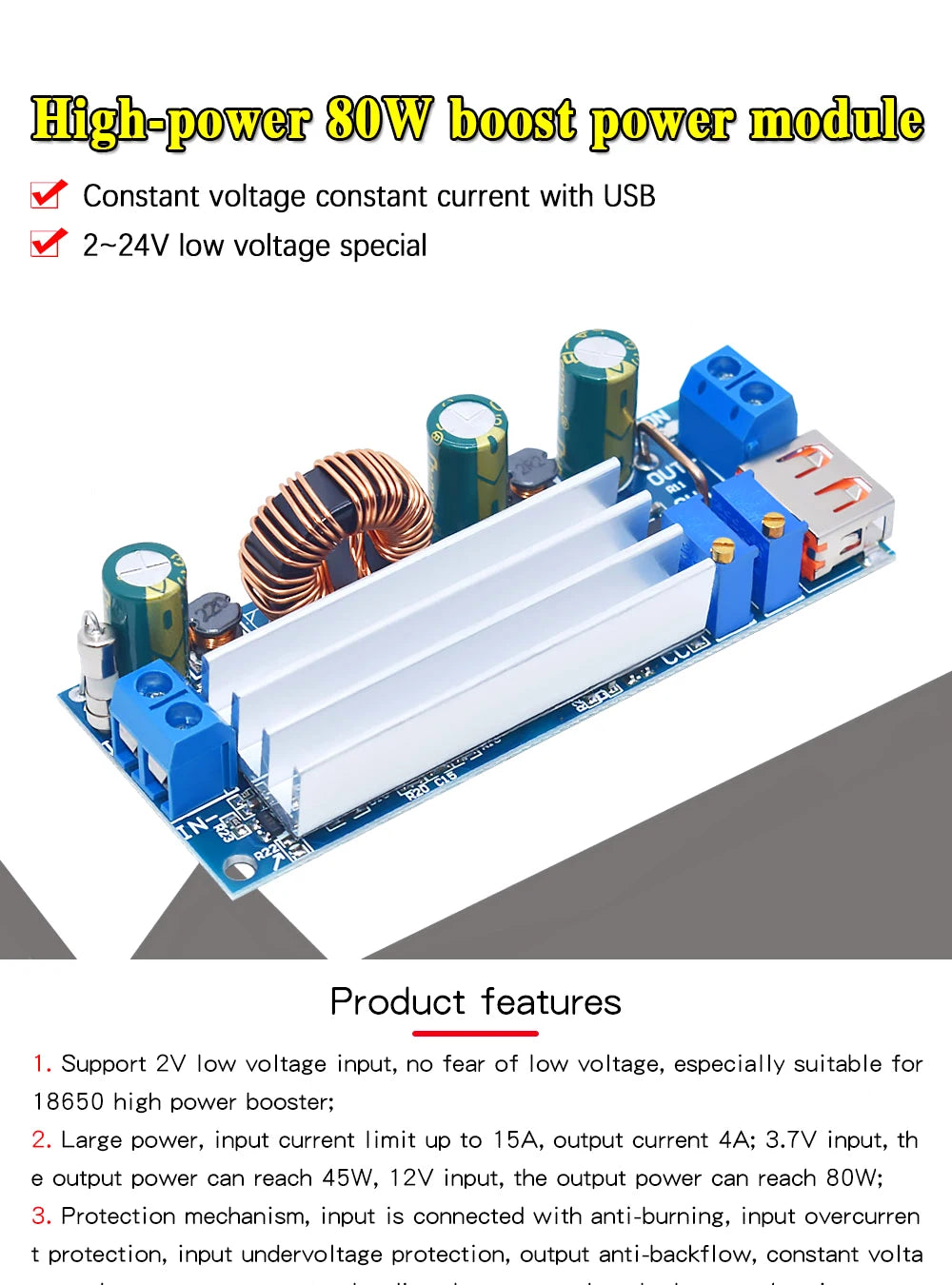 DC DC Step Up Boost Converter 2-24v to 3-30v 4A 80w CC CV Power Module Adjustable Regulated power supply 3.7V 6V 9V 12V With USB