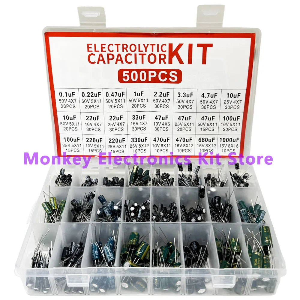 500PCS 0.1uF-1000uf 24Values Electrolytic Capacitor Mixed DIP Electronic Kit Electrolyte Capacitors 10V 16V 25V 50V