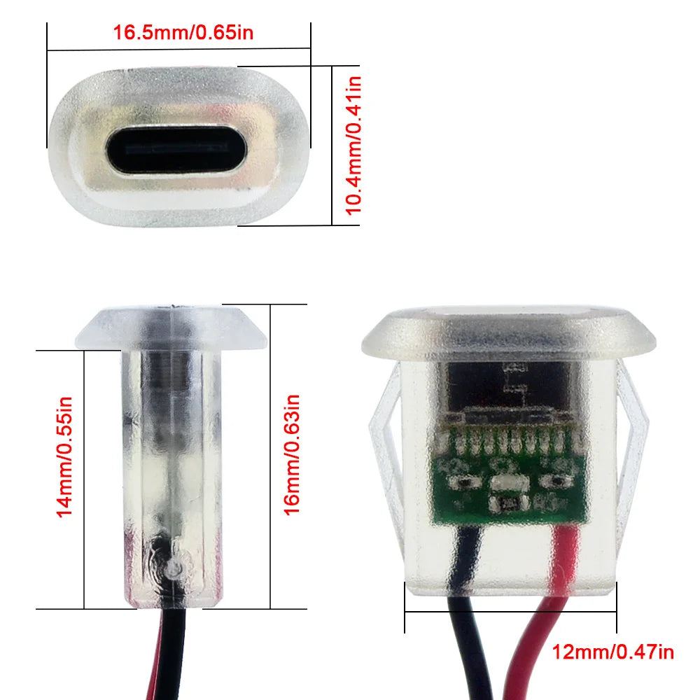 2pin USB Type C 5A Input type Charging Socket With LED lights Plate Waterproof USB-C Power Port TYPE-C Female Connector Jack