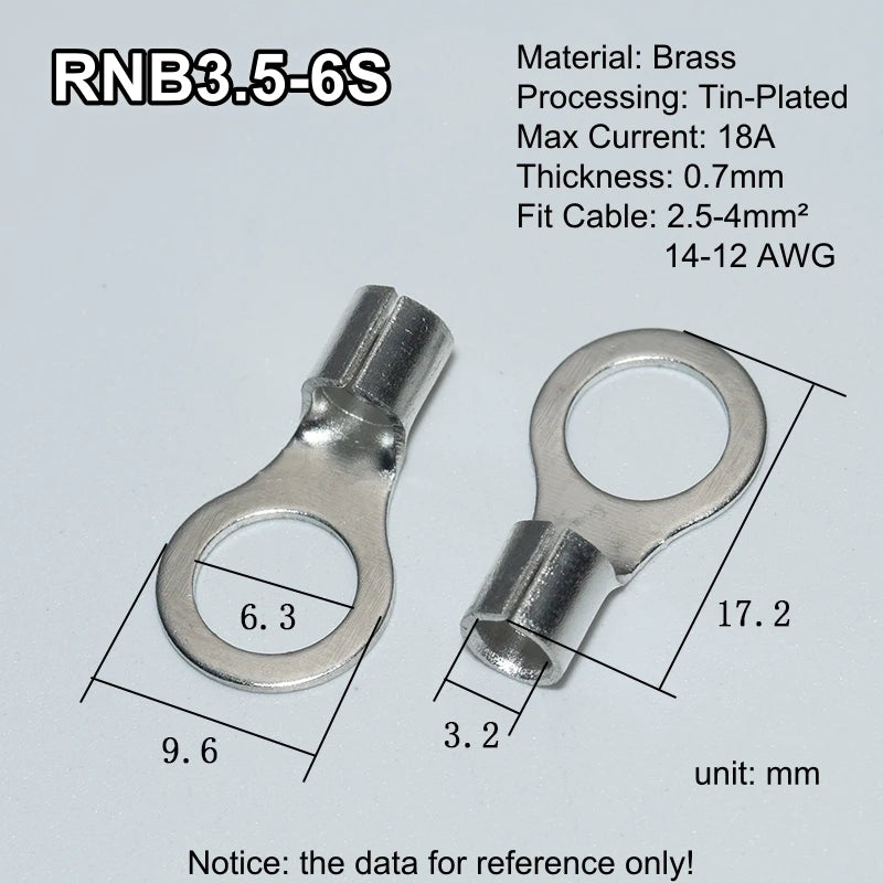 100pcs RNB Brass Ring Bare Terminal Block Connector Cable Lugs Wire Crimping Tips Electrical Connection Strips 12V 2.5mm 4mm 6mm