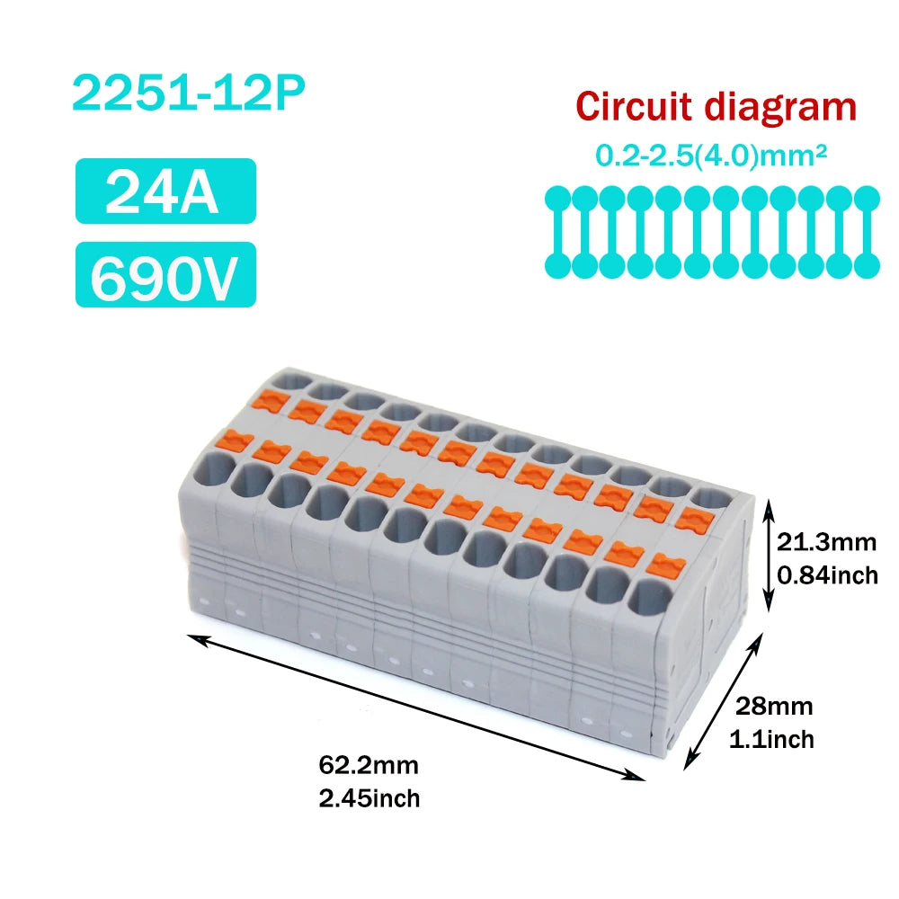 Wire Electrical Connectors Wire Push-in Terminal Block multiple in multiple out Connector Mount On Din Rail with fixing Hole