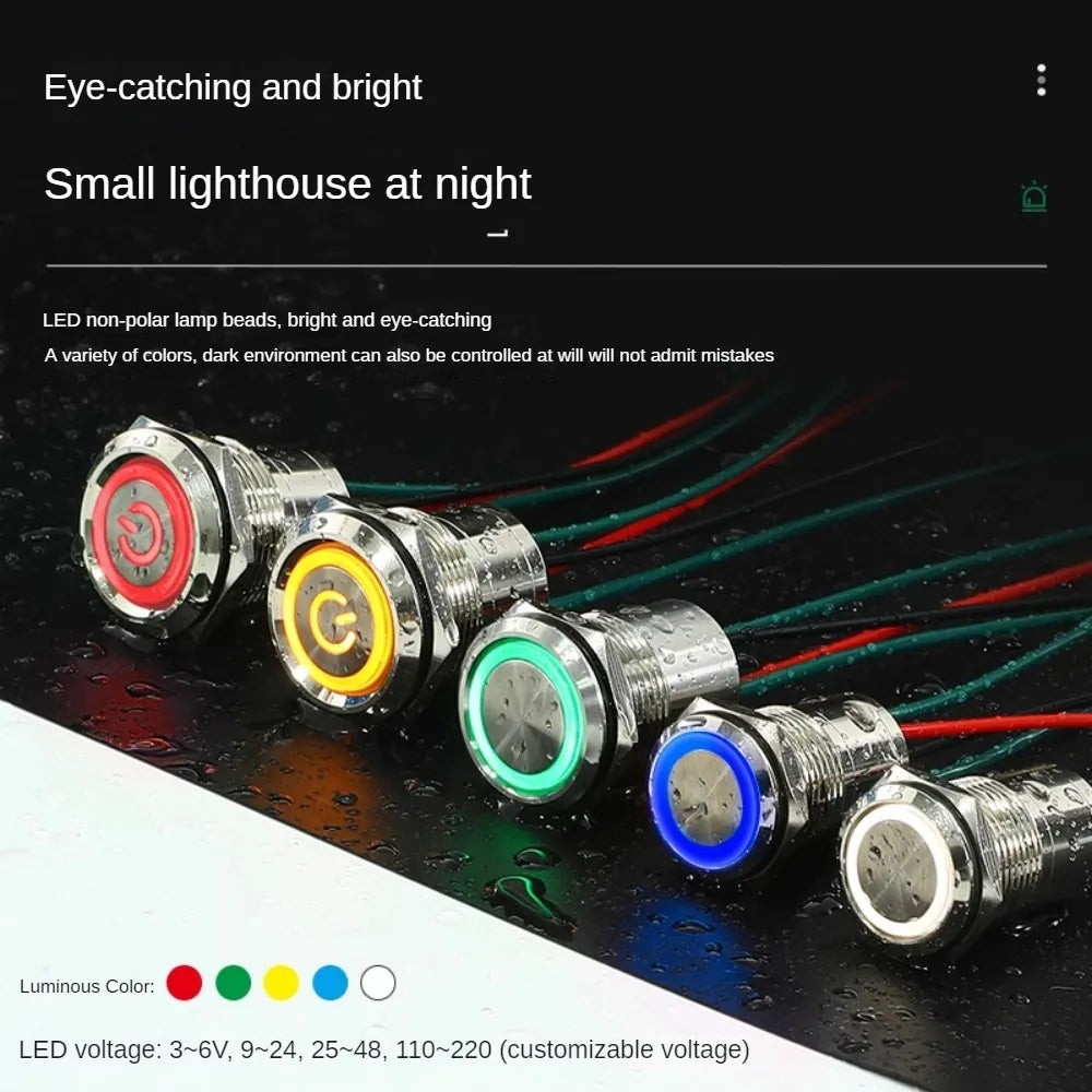 16/19/22mm IP67 Waterproof Metal Push Button Switch 10A High Current LED Light Momentary Latching Outdoor Power Switch Red Green