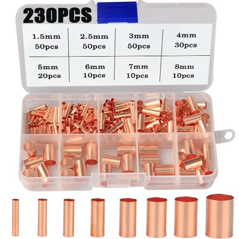 970pcs Copper Connecting Pipe Wire Joint Small Copper Tube Terminal Cable Lug Bootlace Ferrule Kit With Heat Shrink Tube Plier