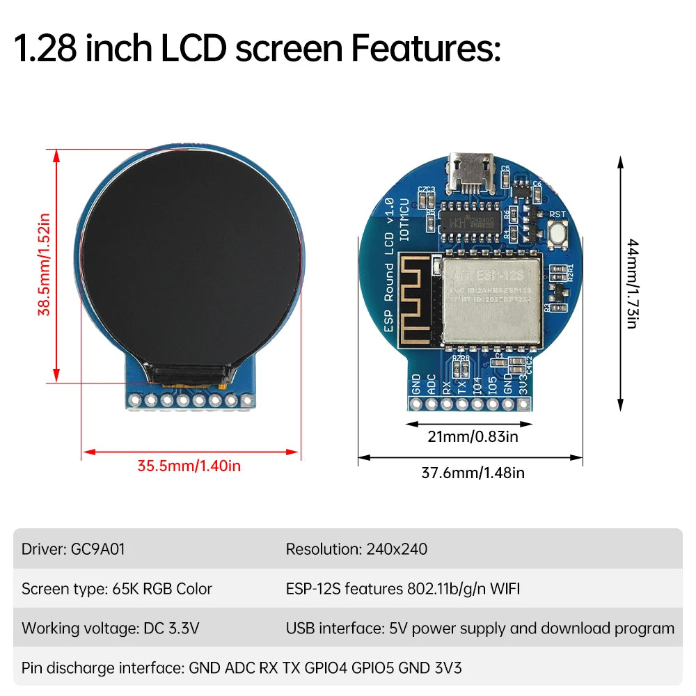 1.28-inch Circular LCD Display ESP8266 Development Board NodeMCU Expansion with GC9A01 Chip 240x240 Resolution for IoT Projects