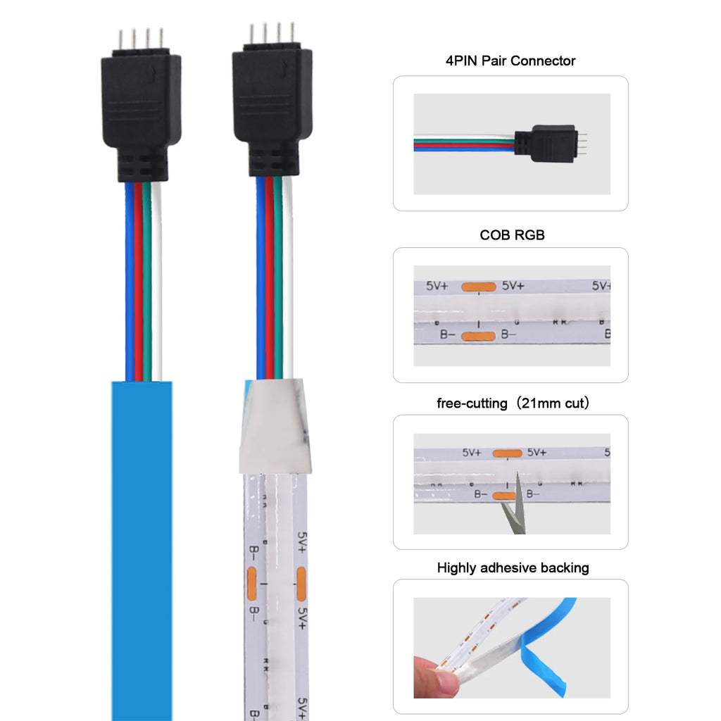 5V RGB COB LED Strip 576LEDs/m Bluetooh App IR Remote Control USB RGB LED Strip Flexible Tape for TV Backlight Room Decoration