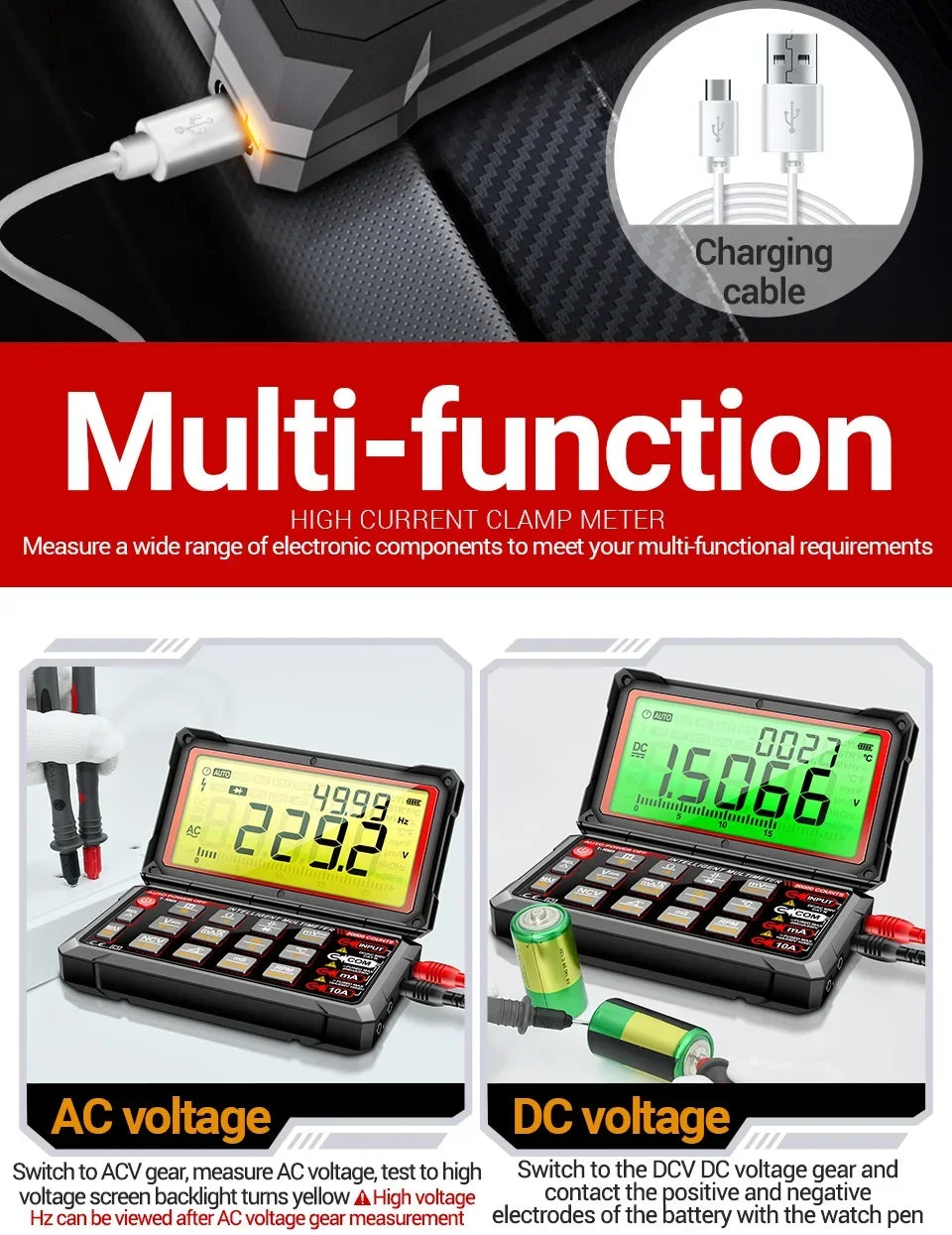 Digital Car Multimeter ANENG 623 Engine Speed Test Auto AC/DC Voltage/Current Ohm Meters Capacitance Car Pulse Width Test Tools