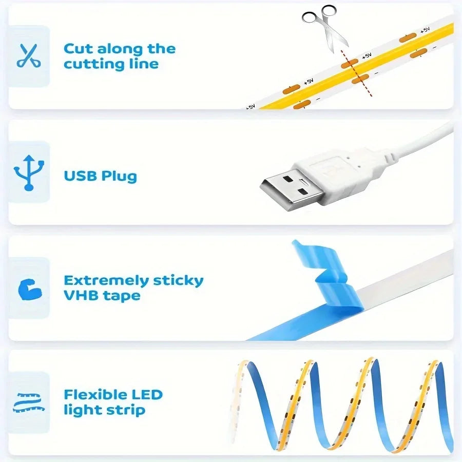 Touch Switch COB LED Strip Light 5V USB High Density RA90 Dimmable Flexible Tape TV Backlight Mirror Room Linear Lightings Decor