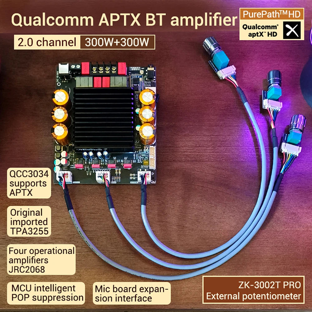 DC 18-50V 3002T PRO Bluetooth Amplifier Board Qualcomm QCC3034 2.0 Channel APTX Lossless 300W+300W TPA3255