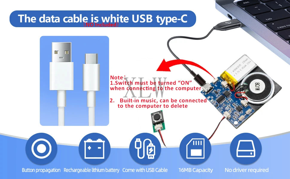 4MB/16MB Push Button Sound Module USB Downloadable & Recordable & Rechargeable with MP3 Audio Playback for Xmas Greeting Gifts