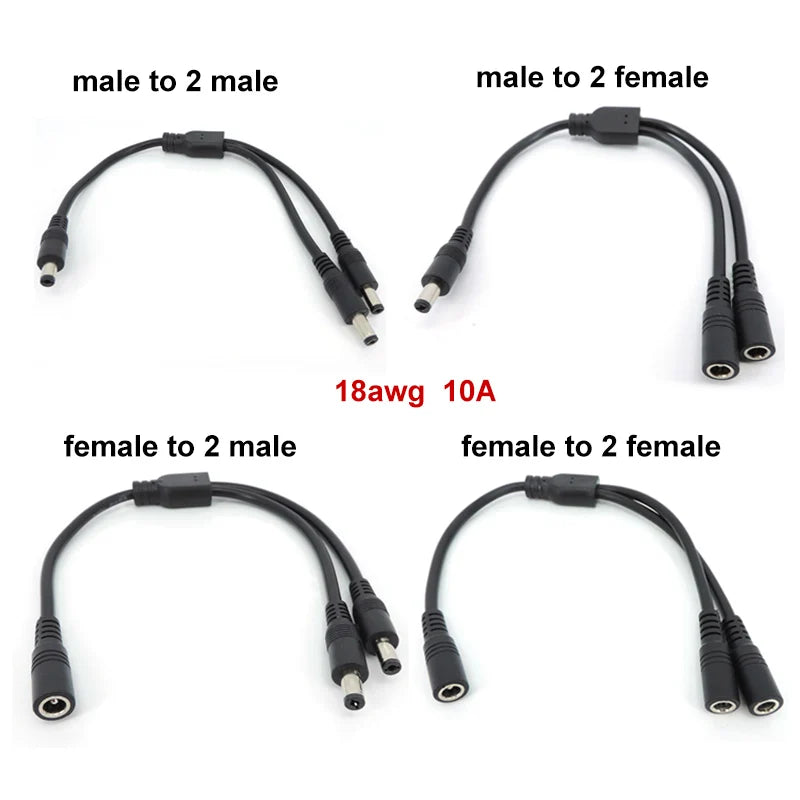 10A 18awg 19V 24V 12V 2 Way DC 1 Male to 2 Male Female Splitter Connector Power Supply Adapter Extension Cable 5.5x2.1mm Plug M